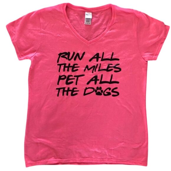 Pink "Run All The Miles Pet All The Dogs" Funny Running V-Neck Fitness Top - Picture 1 of 3